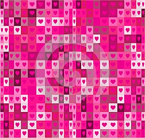 Heart shapes and squares seamless geometrical pattern. Pink abstract background.