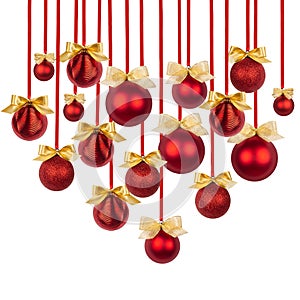 Heart of shiny red balls with gold bows hang on ribbons isolated on white background. Christmas background in modern simplicity.