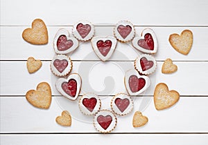 Heart of the shortbread heart-shaped cookies with jam Valentines Day composition