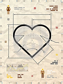 Heart sign as technical blueprint drawing