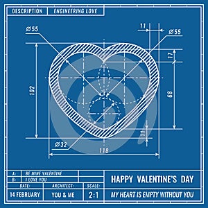 Heart sign as technical blueprint drawing. Valentines day technical concept. Mechanical engineering drawings. Valentines