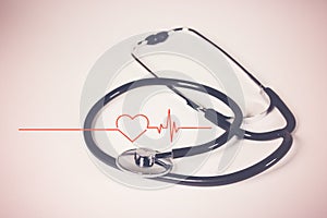 Heart sign, cardiogram, stethoscope on white background with copy space for your text. Health care concept. Healthcare and medical