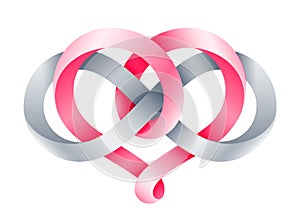 Heart sign intertwine with infinity symbol made of pink and silver mobius stripes. Symbol of harmonic eternal love
