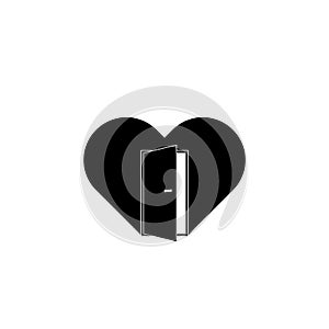 Heart sign with open door icon isolated on white background