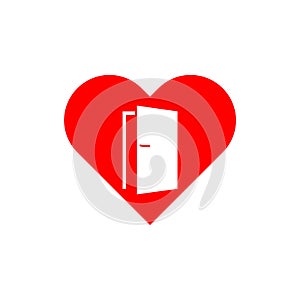Heart sign with open door icon isolated on white background
