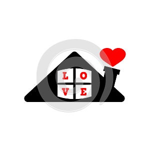 Heart sign with roof and inscription love, house with heart red icon, love home symbol. Vector logo. Clipart and drawing.