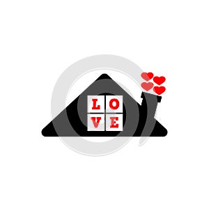 Heart sign with roof and inscription love, house with heart red icon, love home symbol. Vector logo. Clipart and drawing.