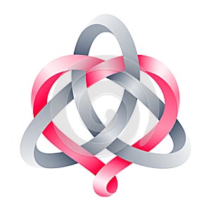 Heart sign with triquetra knot made of pink and silver intertwined mobius stripes. Symbol of harmonic eternal love
