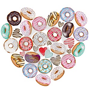 Heart silhouette of colorful glazed donuts