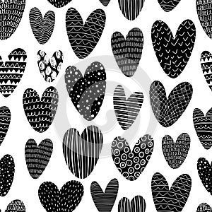 Heart silhouette seamless pattern with doodles elements. Black and white ornament. Hand drawn love icons with lines and dots.