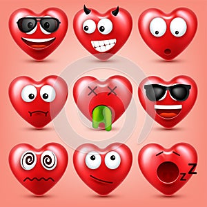 Heart smiley emoji vector set for Valentines Day. Funny red face with expressions and emotions. Love symbol.