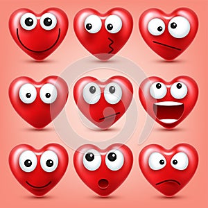 Heart smiley emoji vector set for Valentines Day. Funny red face with expressions and emotions. Love symbol.