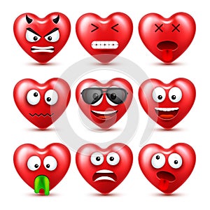 Heart Smiley Emoji Vector Set For Valentines Day. Funny Red Face With Expressions And Emotions. Love Symbol.