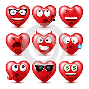 Heart Smiley Emoji Vector Set For Valentines Day. Funny Red Face With Expressions And Emotions. Love Symbol.