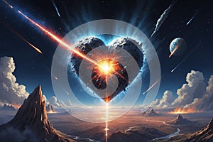 Heart in space and fiery explosion of the heart