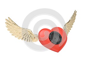 Heart speakers with gold wings,creative music symbols.3D illustration