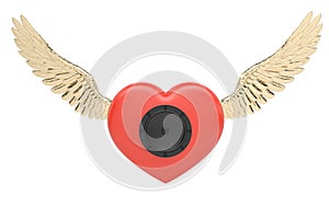 Heart speakers with gold wings,creative music symbols.3D illustration