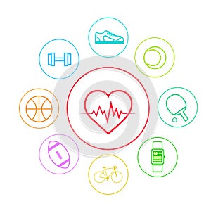 Heart Sport Fitness App Icons Set Thin Line Simple