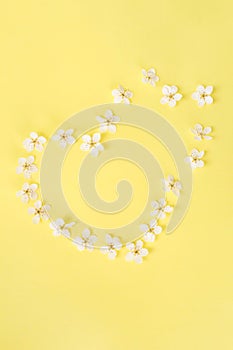 Heart of spring or summer flowers on a yellow background. Flowers composition