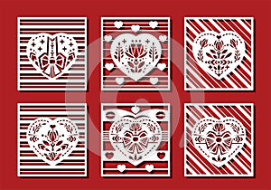 Heart in square cut on red background for laser cutting. Geometry flower  bow  lips in heart shape. Vector illustration