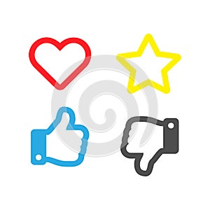 Heart star thumb up and thumb down social network vector icons. Feedback social symbols isolated. Vector illustration