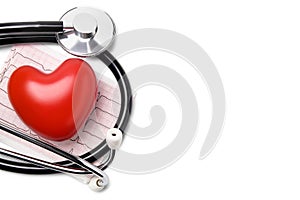 Heart, stethoscope and cardiogram on white copy space