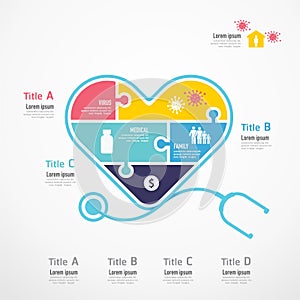Heart stethoscope shape jigsaw banner. Concept Design infographic Template vector illustration