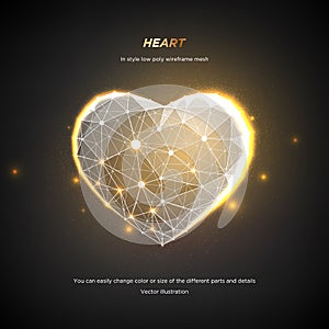 Heart in style Low poly wireframe mesh. Abstract on dark background. Concept Love. Plexus lines and points in the constellation.
