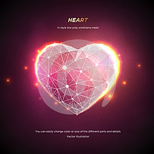 Heart in style Low poly wireframe mesh. Concept Love or technology. Plexus lines and points in the constellation. photo