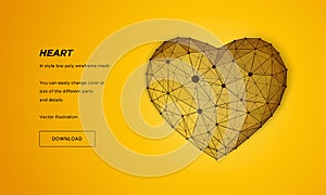 Heart in style Low poly wireframe mesh. Abstract on yellow background. Concept Love. Plexus lines and points in the constellation