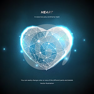 Heart in style Low poly wireframe mesh. Concept Love or technology. Plexus lines and points in the constellation.