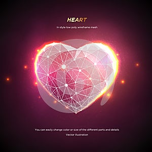 Heart in style Low poly wireframe mesh. Concept Love or technology. Plexus lines and points in the constellation.