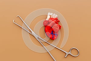 Heart surgery concept with surgical instruments and heart model made of plastiline