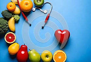 a heart surrounded by fruits, vegetables, and heart shaped stethoscope on blue background