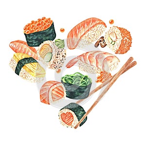 Heart of Sushi and rolls. Watercolor illustration of Japanese and korean food. Hand drawn clip art isolated on a white
