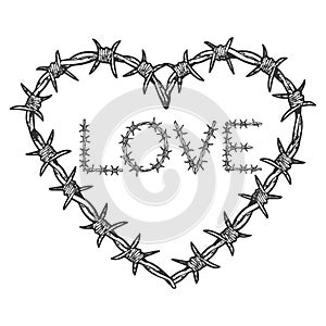 Heart symbol barb wire sketch engraving vector