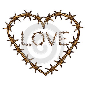 Heart symbol barb wire sketch engraving vector