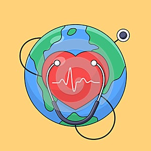 Heart symbol with earth background and stethoscope for world heart day poster celebration vector outline cartoon style