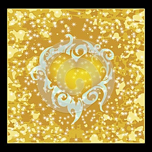 Heart symbol on golden starry background, texture. Vector graphics for holidays, romance, love.