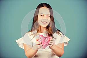 Heart symbol of love. Kid adorable girl happy face show heart blue background. Celebrate valentines day. Love holiday