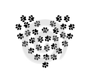 Heart symbol made of pet pawprints isolated on white background.