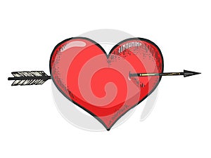 Heart symbol pierced with arrow sketch engraving