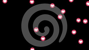Heart symbol in a red circle falling from top to bottom on a bkack background. Animation overlay for social networks.