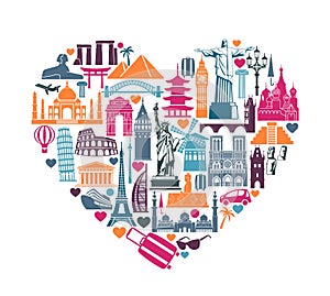 Heart of symbols Icons world tourist attractions and architectural landmarks