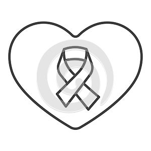 Heart and tape thin line icon, World cancer day concept, Cancer ribbon and heart sign on white background, breast cancer