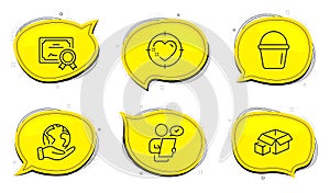 Heart target, Customer survey and Packing boxes icons set. Bucket sign. Love aim, Contract, Delivery package. Vector