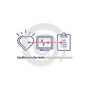 Heart test line icon, electrocardiogram monitor logo, cardiology examination