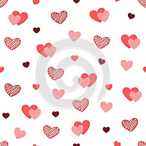 Heart texture on white background. Hand drawn hearts seamless pattern. Valentines day wrapping paper. Bright doodle