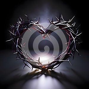 Heart of thorns with thorns on a dark background. Heart as a symbol of affection and