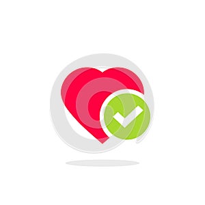 Heart tick icon vector illustration, flat cartoon healthy heart with checkmark symbol, idea of confirmed or approved